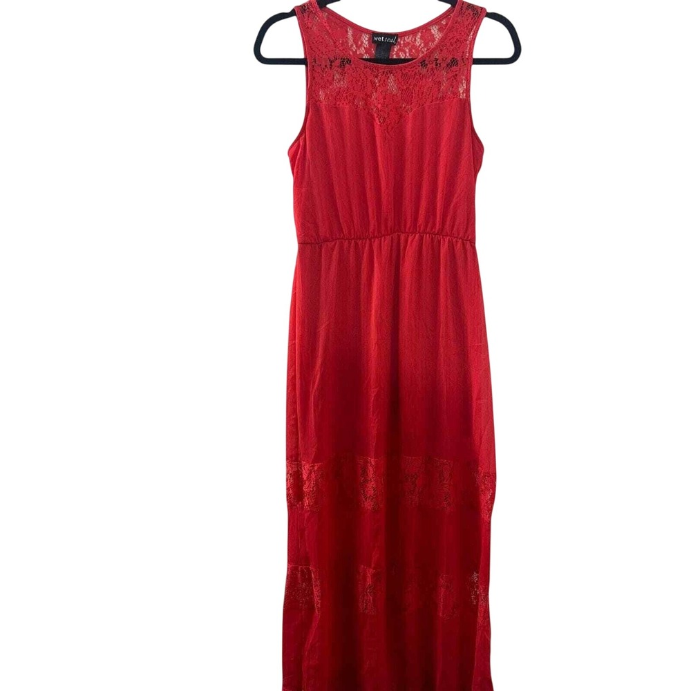 Wet Seal Red Lace Sleeveless Maxi Dress Chiffon‎ Boho Romantic Size L